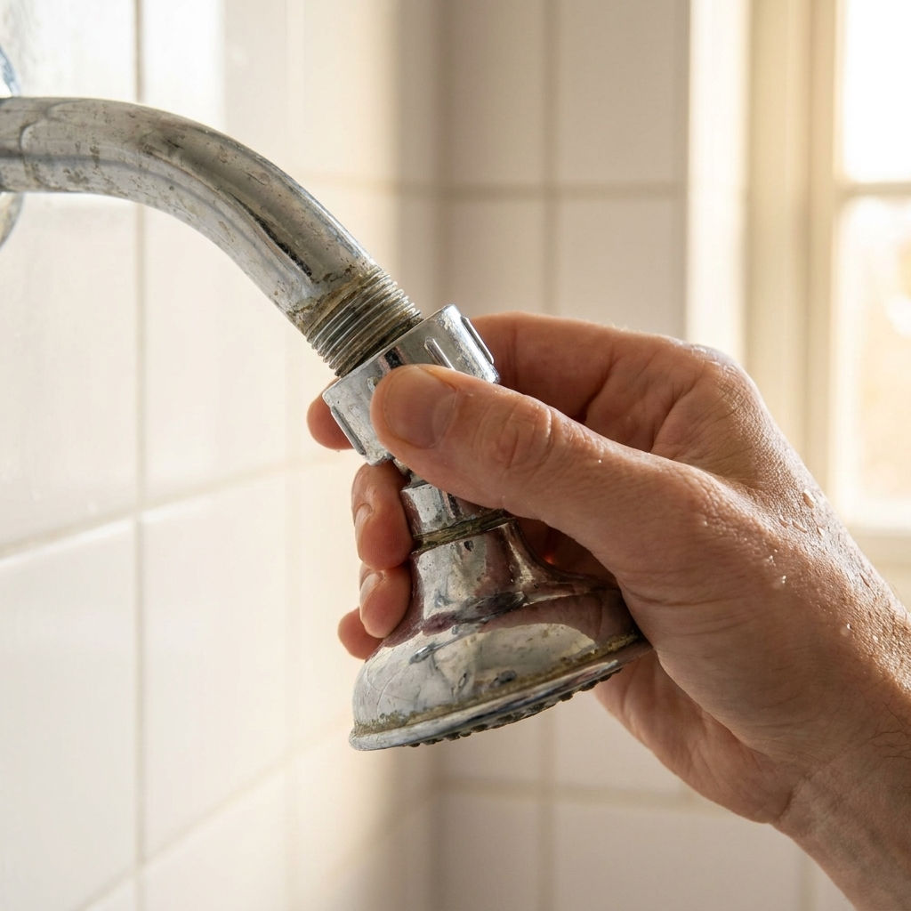 A hand unscrewing an old shower head