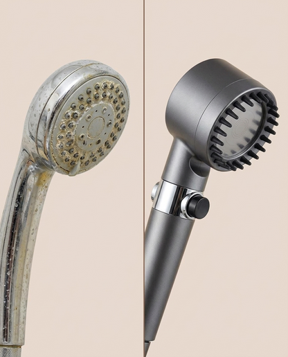 An old crusted shower head next to BrightStay Rain