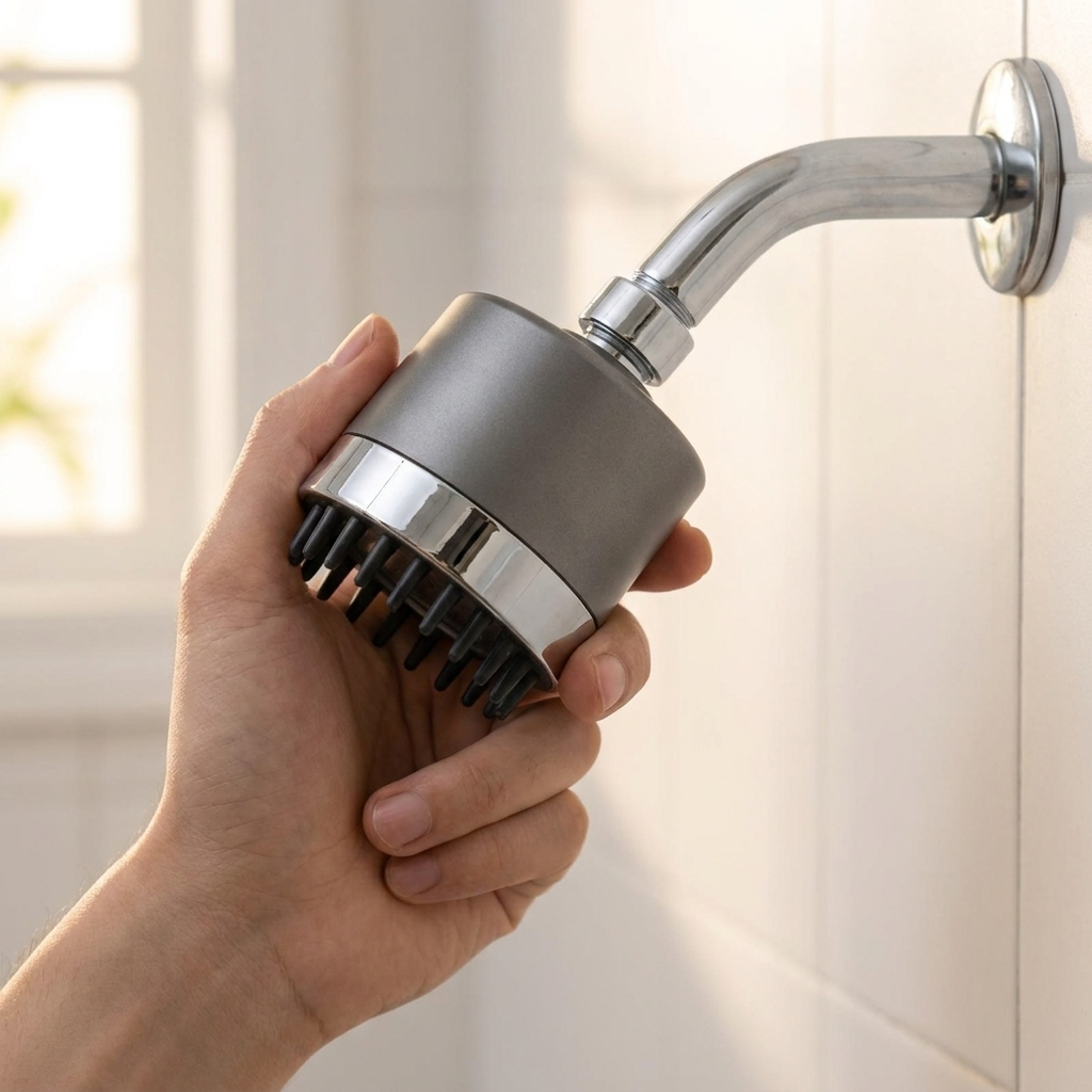 Threading BrightStay Rain onto a shower arm by hand